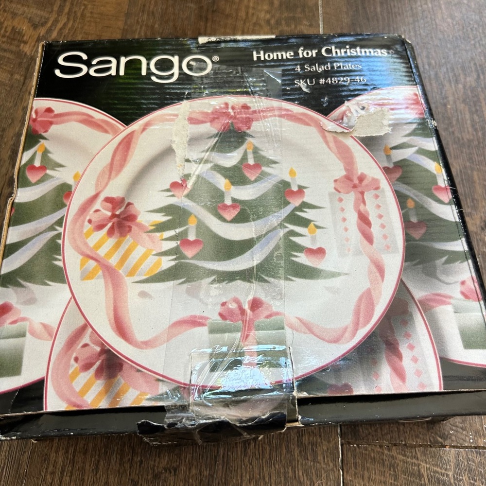 Sango Home for Christmas 4 Salad Plates Set 4829 Vintage 1992 Pink Tree Ribbons
